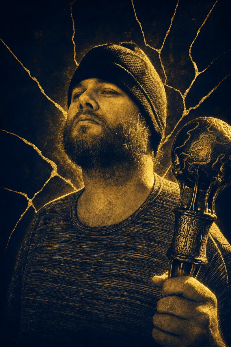 Gold-on-navy duotone portrait of Brad holding an ornate mace, kintsugi cracks radiating behind him