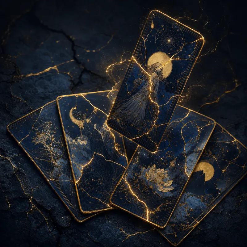 Ornate playing cards repaired with gold kintsugi seams