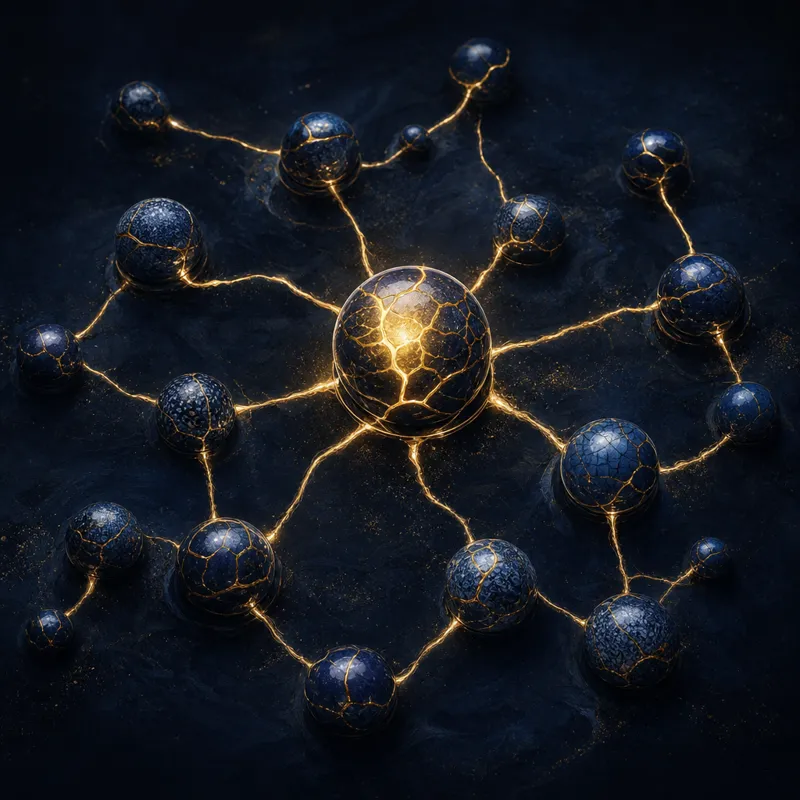 Ceramic orbs connected by glowing gold veins, like a multi-agent constellation